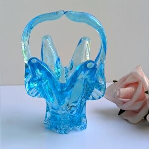 Gorgeous Blue Art Glass Basket Vintage Bohemian Decor 60's 70's